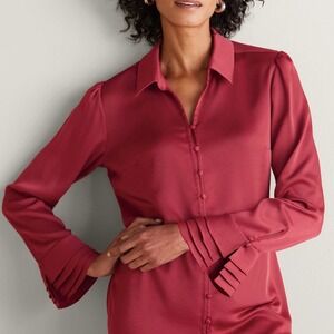 Soft Surroundings Sonnet Blouse Moroccan Red Button Front Pleated Cuff Size XL